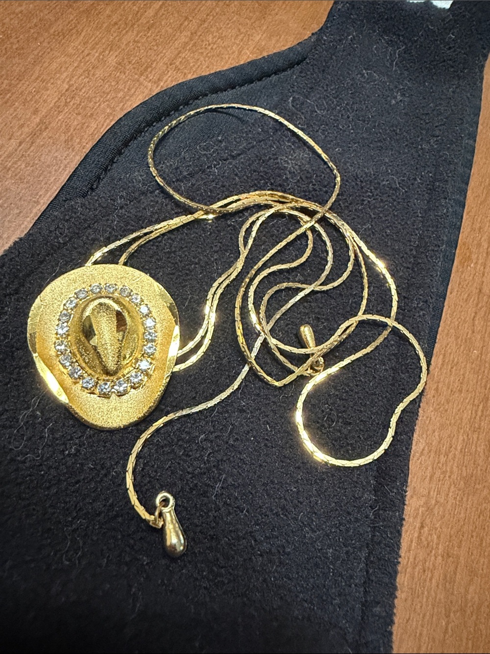 Gold Cowboy Hat Pendant Necklace with Crystal Accents -bolo style adjustable